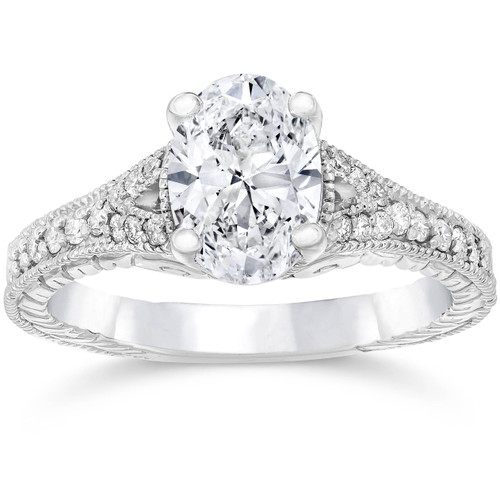 1 1/4ct oval Diamond Vintage Engagement Ring 14K White Gold (H/I, I1-I2)