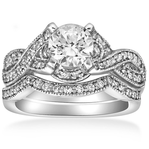 1 1/2ct Infinity Vintage Diamond Engagement Ring Set 14K White Gold (G/H, I1-I2)