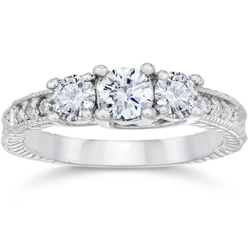 1 Carat Vintage 3-Stone Diamond Engagement Anniversary Ring 10k White Gold (I-J, I2-I3)
