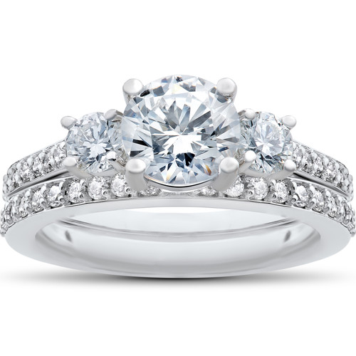 1 1/4 Ct 3-Stone Lab Created Diamond Engagement Ring Wedding Band 14k White Gold (F-G, VS)