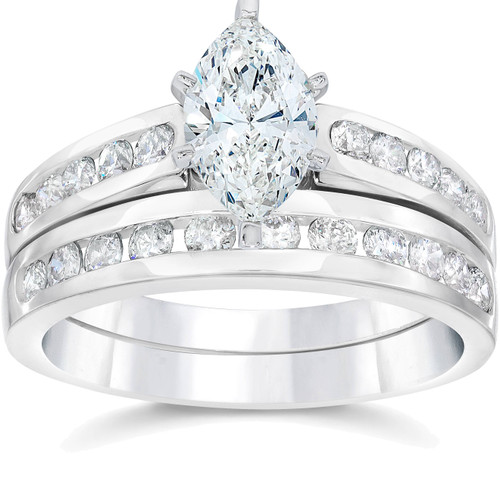 2 Carat Marquise Enhanced Diamond Engagement Wedding Ring Set White Gold 14karat (G-H, I1)