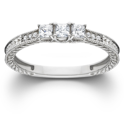 1/4ct Vintage Three Stone Princess Cut Diamond Engagement Ring 14K White Gold (H-I, SI)