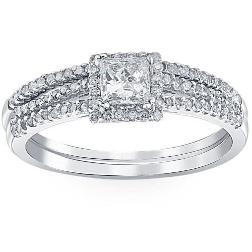 3/4ct Princess Cut Split Shank Engagement Ring Set 14K White Gold (G-H, I1)