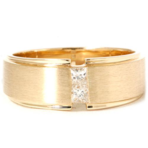 Mens Gold Princess Cut Diamond Brushed Wedding Ring (G, VS)
