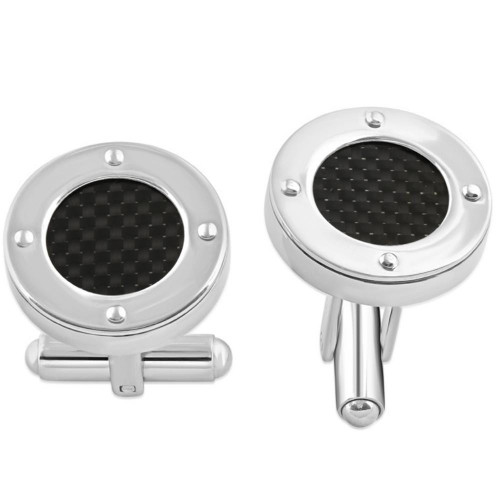 Men's Stainless Steel And Black Carbon Fiber Round Polished Cufflink 8mm Men's Stainless Steel And Black Carbon Fiber Round Polished Cufflink 8mm