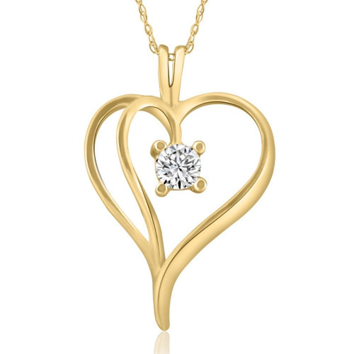 1/3Ct Solitaire Round Diamond Heart Pendant & Chain 10K Yellow Gold 1" Tall (G-H, I2-I3)