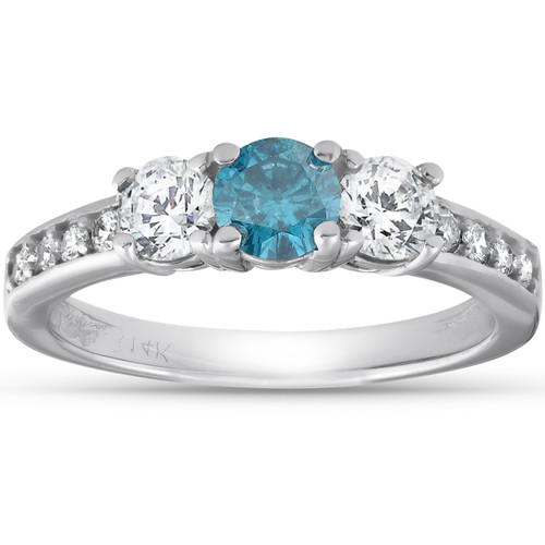 1 Carat Three Stone Blue & White Diamond Ring 14K White Gold (H/I, I2-I3)