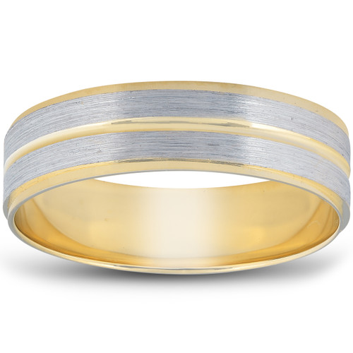 14K Gold Two Tone Flat Wedding Band 6mm Brushed White & Yellow Mens RIng