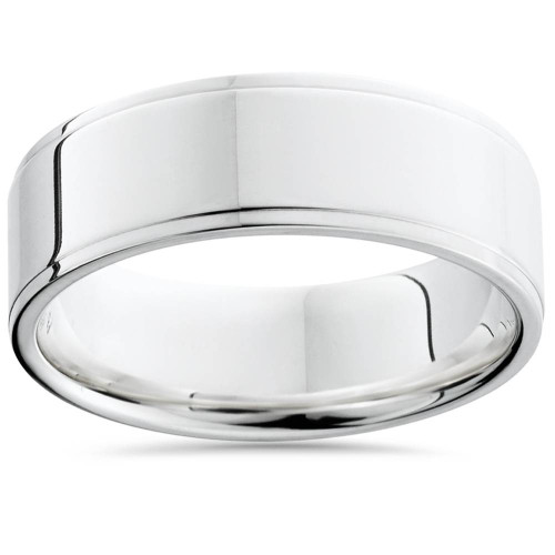 Flat Step Cut Wedding Band 14K White Gold