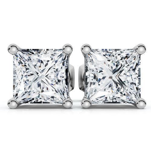 1 - 4 Ct TW Princess Cut Diamond Studs in 14k Gold Earrings Lab Grown (H-I, VS2-SI1)