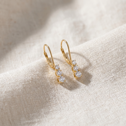 1/4Ct TW Three Stone Diamond Leverback Hoops Women's Earrings 14k Gold 1/2" Tall (G-H, I2-I3)
