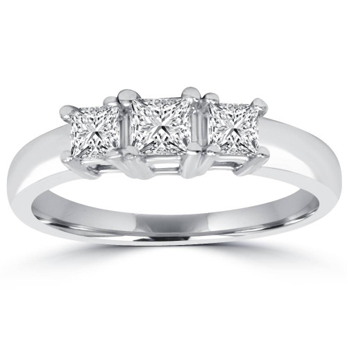 1ct Three Stone Princess Cut Diamond Engagement Ring 14K White Gold (H-I, SI)