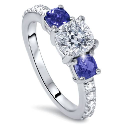 3.25ct Cushion Diamond & Treated Blue Sapphire Engagement Ring 14k Enhanced (G-H, SI)