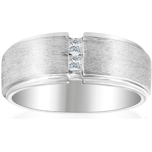 Mens 14K White Gold Brushed Princess Cut Diamond Wedding Ring (G-H, VS)