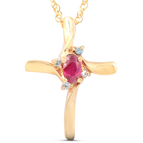 1/4CT Ruby & Diamond Cross Pendant & Chain 14K Yellow Gold 3/4" Tall (G-H, I2-I3)