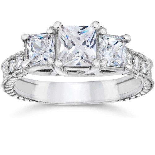 2ct Vintage Three Stone Princess Cut Diamond Engagement Ring 14K White Gold (F-G, SI)