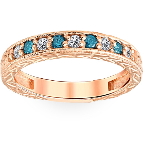 1/4CT Blue & White Diamond Vintage Wedding Anniversary Ring 14K Rose Gold (H-I, I1)