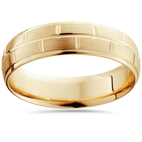6mm 14K Yellow Gold Hand Carved Brushed Wedding Band