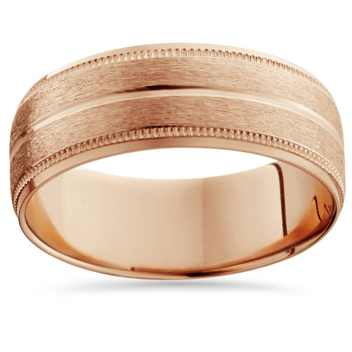 14K Rose Gold Mens Brushed Milgrain Beveled Wedding Band 8mm