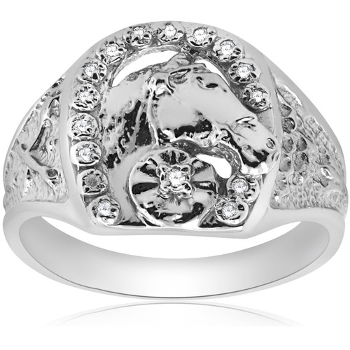 Mens Diamond Lucky Horseshoe Ring 10K White Gold (G-H, I2-I3)