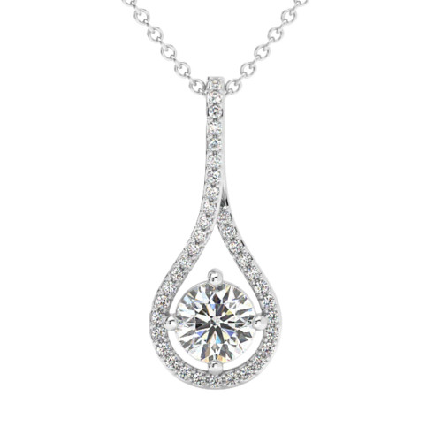 1 1/10Ct TW Diamond Halo Drop Pendant 14k Gold Necklace Lab Grown 1" Tall (F-G, VS)