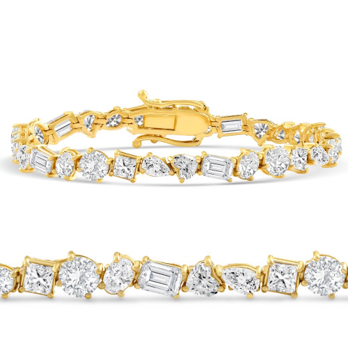 F/VS 15Ct Mixed Fancy Cut Diamond Tennis Bracelet 14k Gold Lab Grown 7" (F-G, VS)