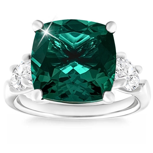 7.55Ct Green Cushion Emerald & Marquise Three Stone Ring 14k Gold lab Grown (F-G, VS)