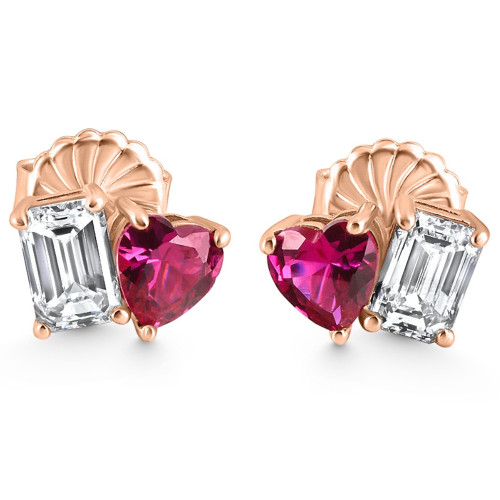 4Ct Toi Et Moi Emerald Diamond & Ruby Heart Studs 14k Gold Lab Grown (F-G, VS2-SI1)