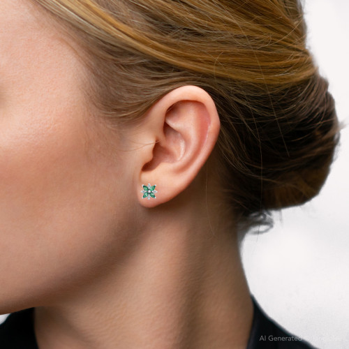 .60Ct Petal Green Emerald Diamond Earrings 14k White Gold Lab Grown Studs (F-G, VS)