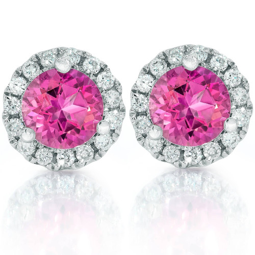 1ct Pink Topaz & Diamond Halo Studs 10K White Gold (H-I, I1)