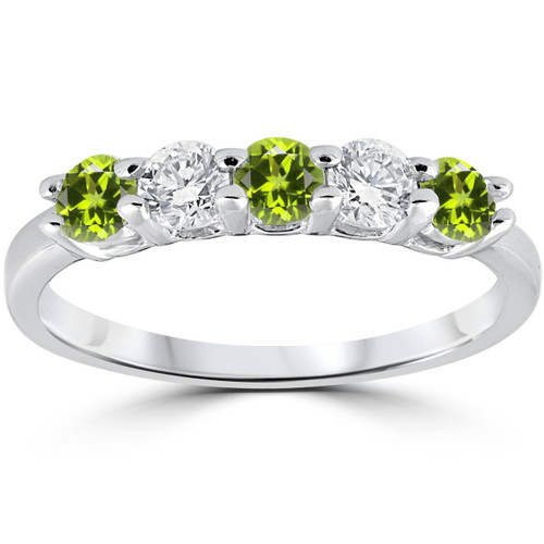 1/2CT Peridot & Diamond 5 Stone Ring 14k White Gold (G-H, I1)
