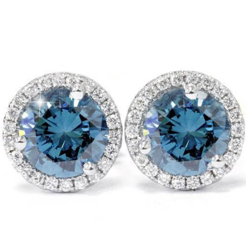 2 1/10ct Blue & White Diamond Halo Studs 10K White Gold Lab Grown (G-H, SI)