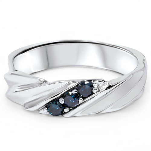 1/10ct Treated Blue Diamond Mens Three Stone Wedding Ring 14K White Gold (Blue, I1)