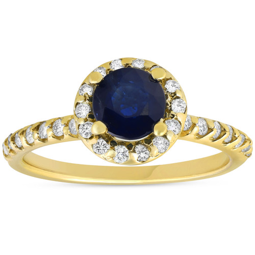 1ct Blue Sapphire & Diamond Halo Engagement Ring 14K Yellow Gold (H-I, I2-I3)