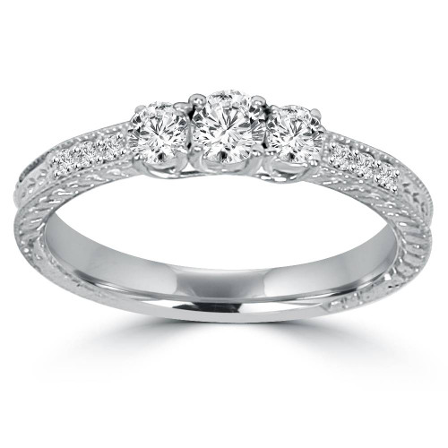 Antique 3/4ctw Round Diamond 14K White Gold 3 Three Stone Anniversary Ring Band (G-H, I1)