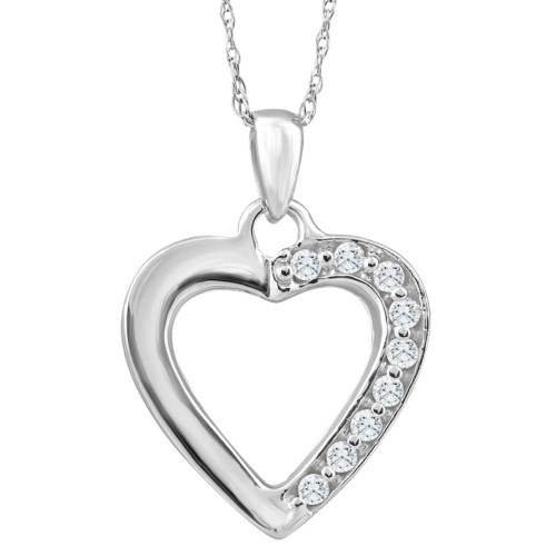 10K White Gold 1/10Ct TW Diamond Small Heart Pendant Necklace 1" Tall (G-H, I2-I3)