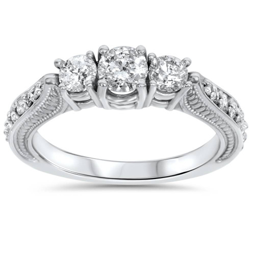 1ct 3 Stone Vintage Diamond Engagement Ring 14K White Gold (H-I, I2-I3)