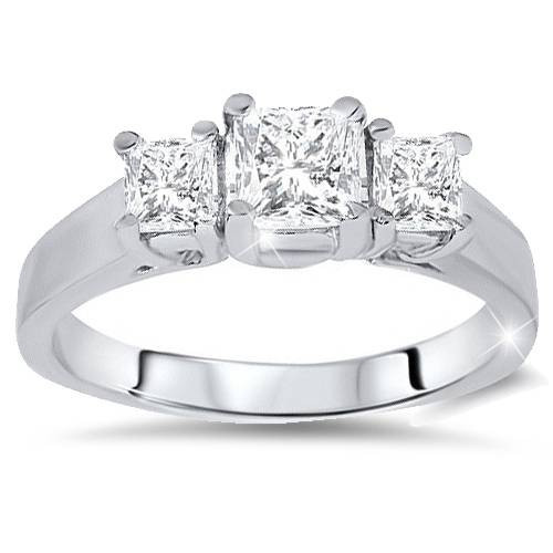 1ct Three Stone Princess Cut Diamond Engagement Ring 14K White Gold (H-I, I1)