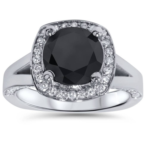 3 5/8 Ct Black Diamond Halo Split Shank Engagement Ring 14K White Gold (H-I, I1)