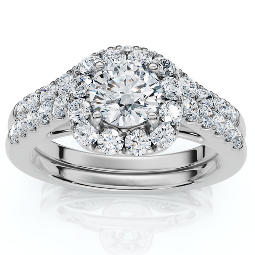1 1/10Ct Cushion Halo Diamond Engagement Ring & Matching Band Gold/Pt Lab Grown (E-F, VS)