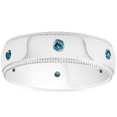 Mens Blue Diamond Wedding Ring 10K White Gold (Blue, SI)