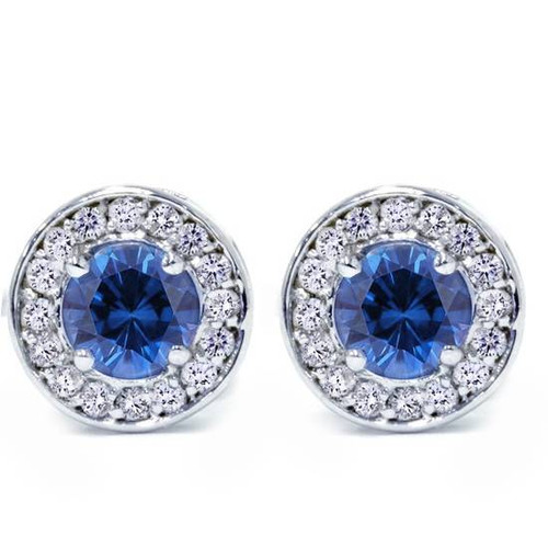 5/8ct Halo Diamond Blue Sapphire Studs 14K White Gold (G-H, I1)