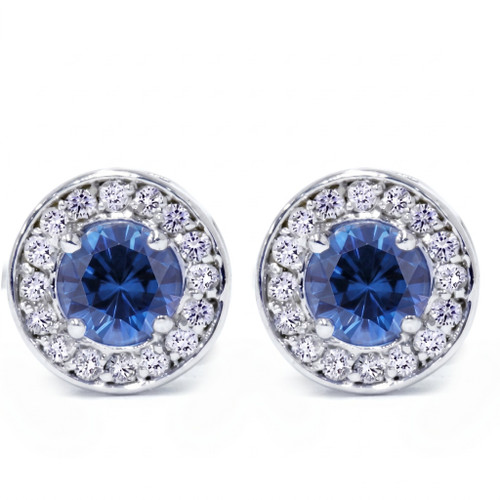 5/8ct Halo Diamond Blue Sapphire Studs 14K White Gold (G-H, I1)
