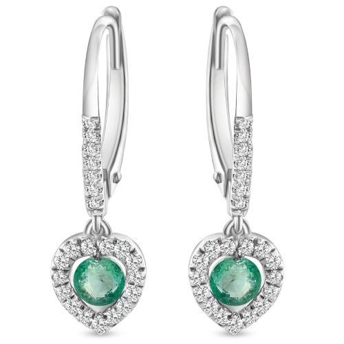 5/8Ct TW Emerald Lever Back Dangle Hoops White Gold Heart Earrings 3/4" Tall (H-I, I1)