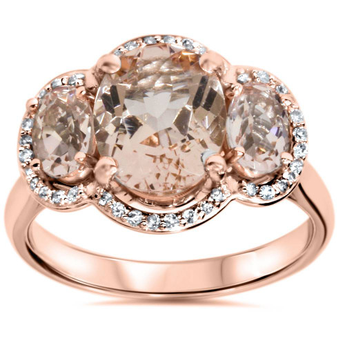 2 3/4ct Morganite 3 Stone Diamond Oval Halo Ring 14K Rose Gold (H-I, I1)