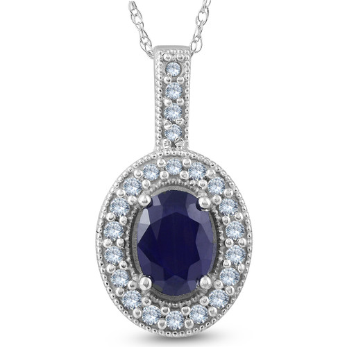 Oval Blue Sapphire Diamond Solitaire Pendant 14K White Gold (G-H, I2-I3)