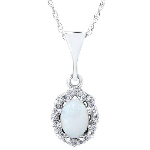 1ct Opal & Diamond Halo Pendant 14K White Gold (G-H, I1)
