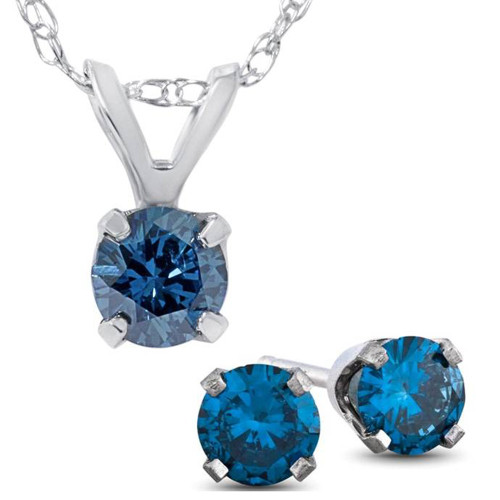3/4ct Blue Diamond Solitaire Pendant & Studs Set 10K White Gold & Chain (Blue, I2-I3)