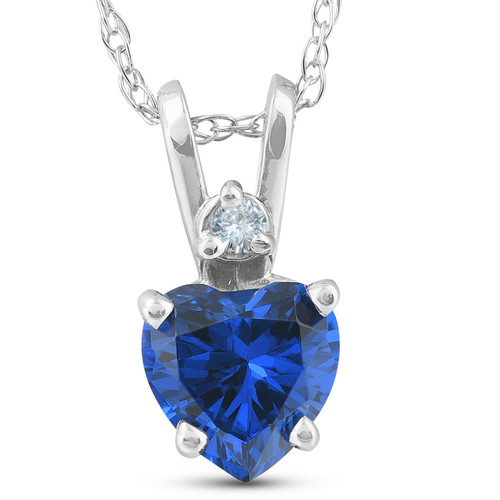 Diamond & Simulated Blue Sapphire Heart Shape Pendant Necklace 14K White Gold (I-J, )