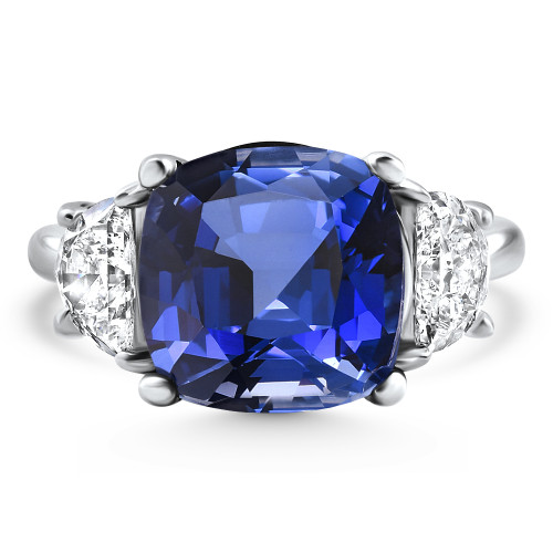 8.50Ct TW Cushion Blue Sapphire & Diamond 3-Stone Ring 14k White Gold Lab Grown (E-F, VS)